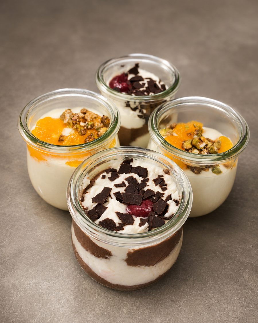 Dessert im Weckglas — Vanillecreme mit Mandarinen und Sahnecreme mit Schattenmorellen
