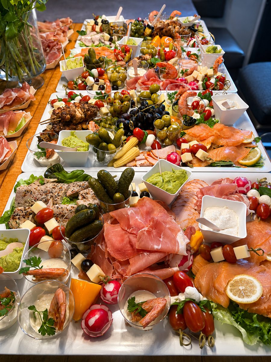 Vorspeisenplatten mit Rohschinken, Räucherlachs, Garnelen und Antipasti